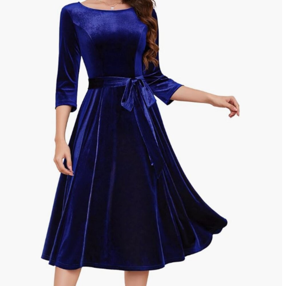Elegant Blue Velvet Midi Dress